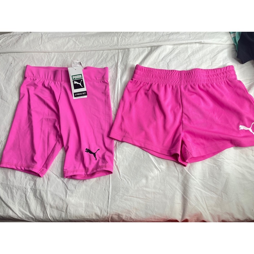 Puma Kids 2 Piece Set Pink Athletic Shorts Bike Shorts Activewear Size S